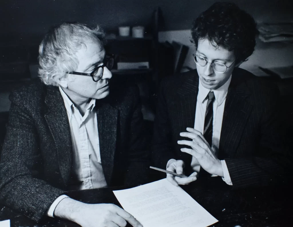 Terry Bouricius and Bernie Sanders discuss a draft bill